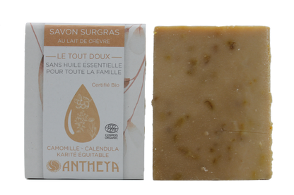 Antheya -- Savon lait de chèvre sans he - tout doux pour toute la famille (bande papier) - 100 g